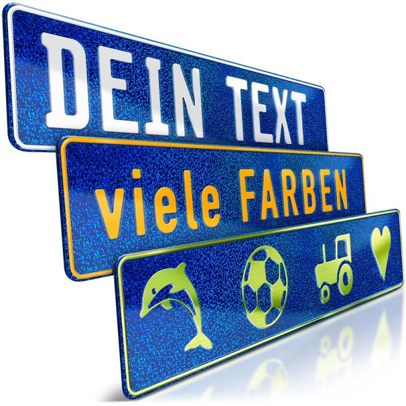 schildEVO 1 Fun-Schild geprägt | Blau Holo Glitzer mit Wunschtext bis zu 16 Zeichen | Aluminium Namensschild | Individuelles Fun-Kennzeichen | Bohrlöcher & Saugnäpfe von schildEVO