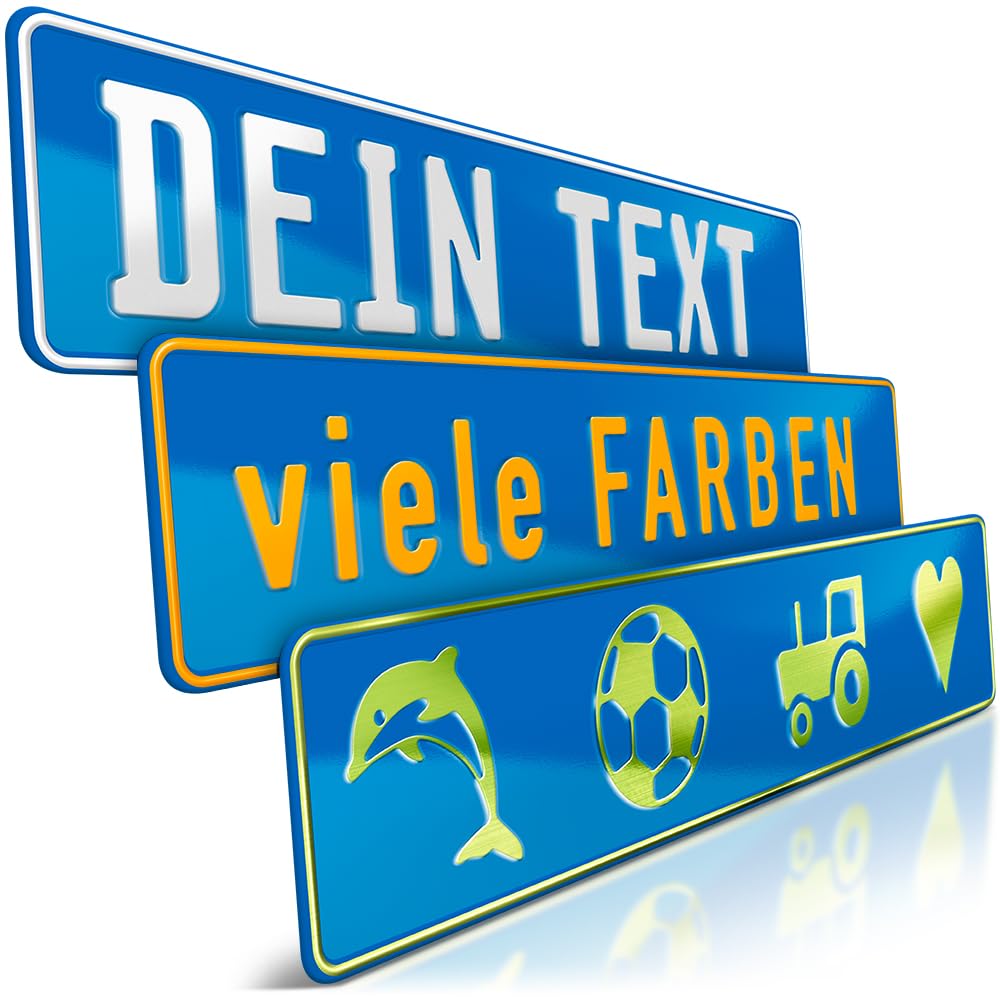 schildEVO 1 Fun-Schild geprägt | Blau mit Wunschtext bis zu 16 Zeichen | Aluminium Namensschild | Individuelles Fun-Kennzeichen | Bohrlöcher & Saugnäpfe von schildEVO