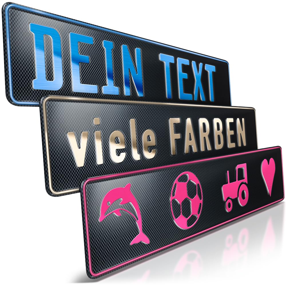 schildEVO 1 Fun-Schild geprägt | Carbon mit Wunschtext bis zu 16 Zeichen | Aluminium Namensschild | Individuelles Fun-Kennzeichen | Bohrlöcher & Saugnäpfe von schildEVO