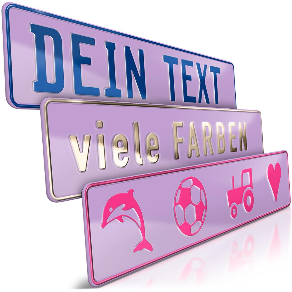 schildEVO 1 Fun-Schild geprägt | Flieder mit Wunschtext bis zu 16 Zeichen | Aluminium Namensschild | Individuelles Fun-Kennzeichen | Bohrlöcher & Saugnäpfe von schildEVO