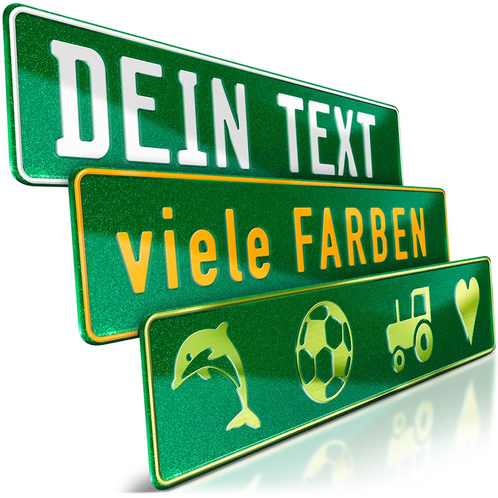 schildEVO 1 Fun-Schild geprägt | Grün Glitter mit Wunschtext bis zu 16 Zeichen | Aluminium Namensschild | Individuelles Fun-Kennzeichen | Bohrlöcher & Saugnäpfe von schildEVO