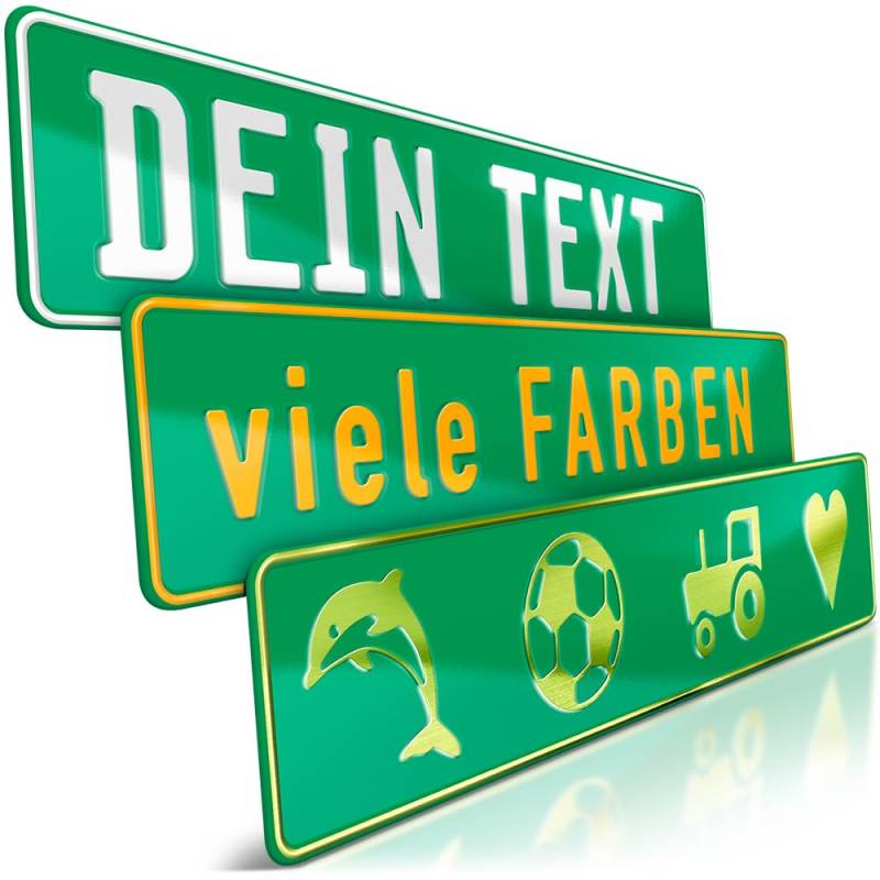 schildEVO 1 Fun-Schild geprägt | Grün mit Wunschtext bis zu 16 Zeichen | Aluminium Namensschild | Individuelles Fun-Kennzeichen | Bohrlöcher & Saugnäpfe von schildEVO