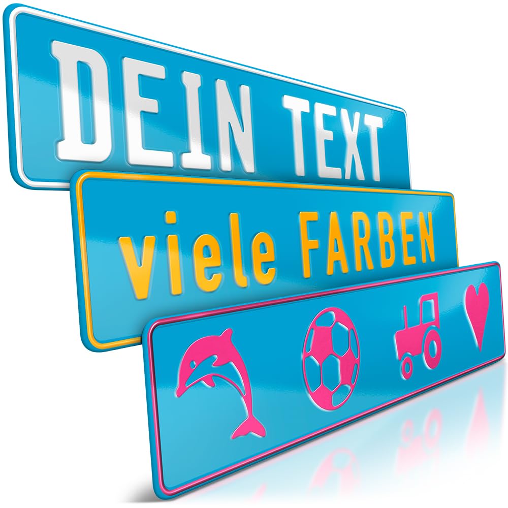 schildEVO 1 Fun-Schild geprägt | Hell-Blau mit Wunschtext bis zu 16 Zeichen | Aluminium Namensschild | Individuelles Fun-Kennzeichen | Bohrlöcher & Saugnäpfe von schildEVO