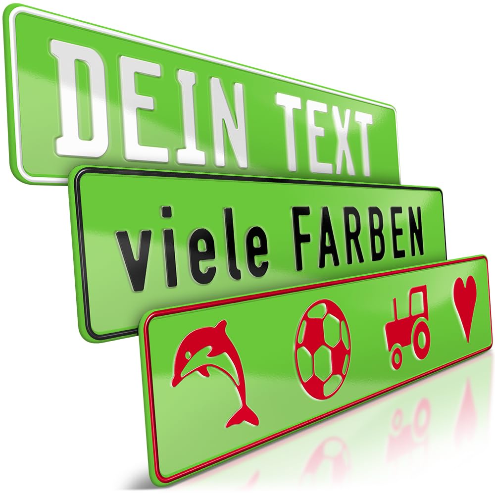 schildEVO 1 Fun-Schild geprägt | Hell-Grün mit Wunschtext bis zu 16 Zeichen | Aluminium Namensschild | Individuelles Fun-Kennzeichen | Bohrlöcher & Saugnäpfe von schildEVO