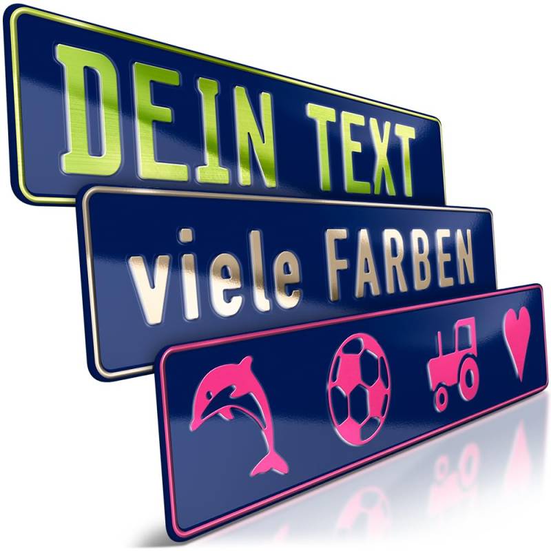 schildEVO 1 Fun-Schild geprägt | Marine mit Wunschtext bis zu 16 Zeichen | Aluminium Namensschild | Individuelles Fun-Kennzeichen | Bohrlöcher & Saugnäpfe von schildEVO