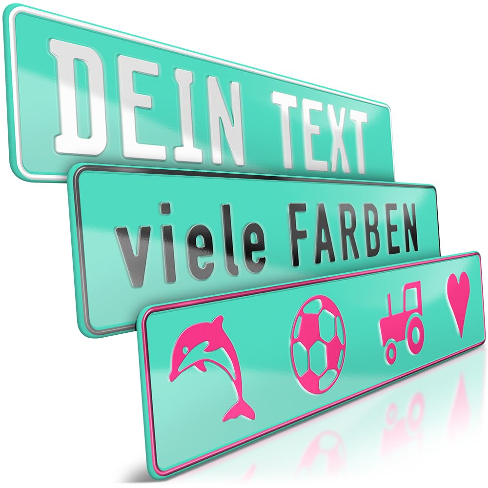 schildEVO 1 Fun-Schild geprägt | Mint-Grün mit Wunschtext bis zu 16 Zeichen | Aluminium Namensschild | Individuelles Fun-Kennzeichen | Bohrlöcher & Saugnäpfe von schildEVO