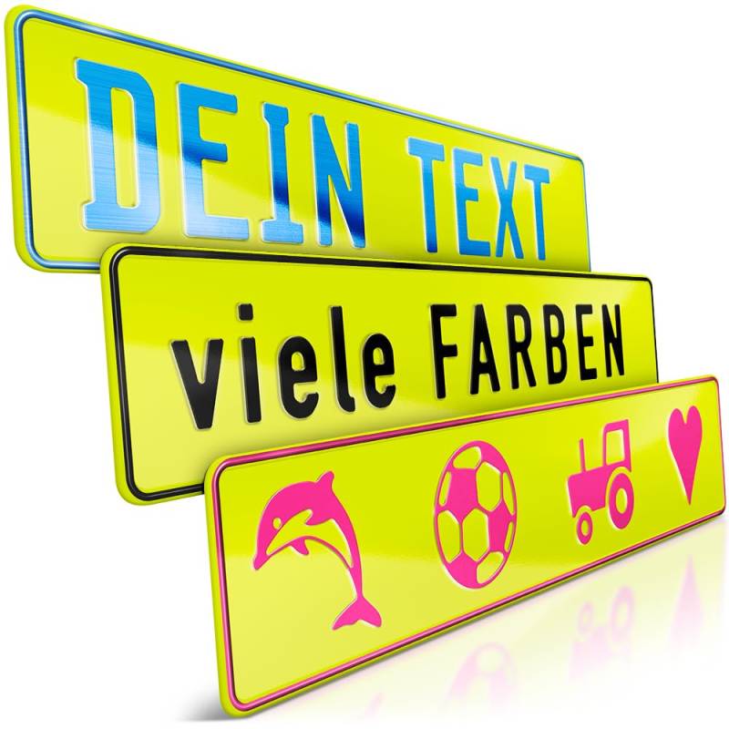 schildEVO 1 Fun-Schild geprägt | Neon-Gelb mit Wunschtext bis zu 16 Zeichen | Aluminium Namensschild | Individuelles Fun-Kennzeichen | Bohrlöcher & Saugnäpfe von schildEVO