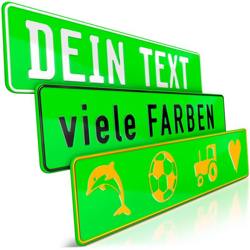 schildEVO 1 Fun-Schild geprägt | Neon-Grün mit Wunschtext bis zu 16 Zeichen | Aluminium Namensschild | Individuelles Fun-Kennzeichen | Bohrlöcher & Saugnäpfe von schildEVO