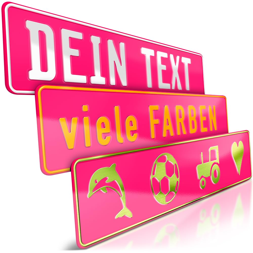 schildEVO 1 Fun-Schild geprägt | Neon-Pink mit Wunschtext bis zu 16 Zeichen | Aluminium Namensschild | Individuelles Fun-Kennzeichen | Bohrlöcher & Saugnäpfe von schildEVO