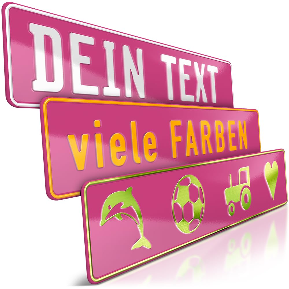 schildEVO 1 Fun-Schild geprägt | Pink mit Wunschtext bis zu 16 Zeichen | Aluminium Namensschild | Individuelles Fun-Kennzeichen | Bohrlöcher & Saugnäpfe von schildEVO