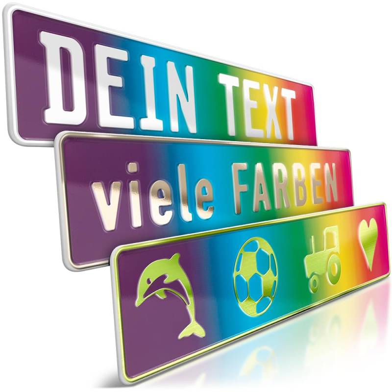 schildEVO 1 Fun-Schild geprägt | Regenbogen mit Wunschtext bis zu 16 Zeichen | Aluminium Namensschild | Individuelles Rainbow Fun-Kennzeichen | Bohrlöcher & Saugnäpfe von schildEVO