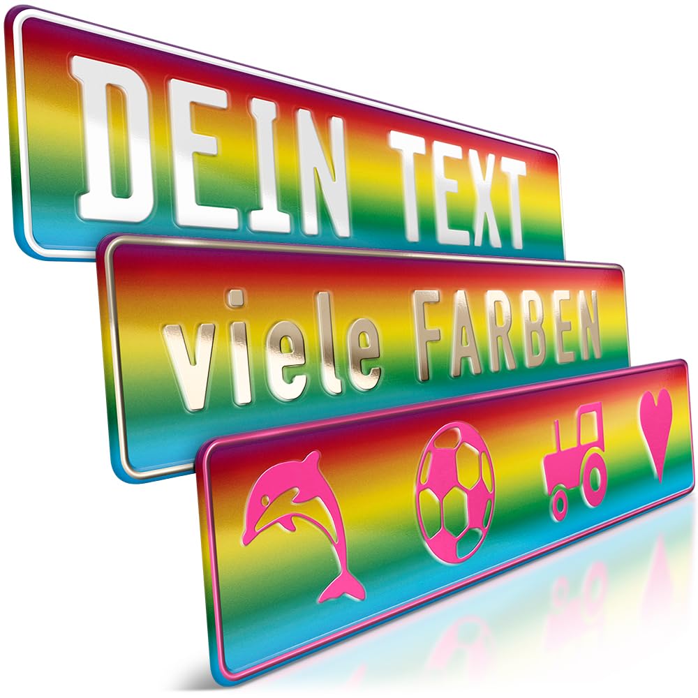 schildEVO 1 Fun-Schild geprägt | Regenbogen quer mit Wunschtext bis zu 16 Zeichen | Aluminium Namensschild | Individuelles Rainbow Fun-Kennzeichen | Bohrlöcher & Saugnäpfe von schildEVO