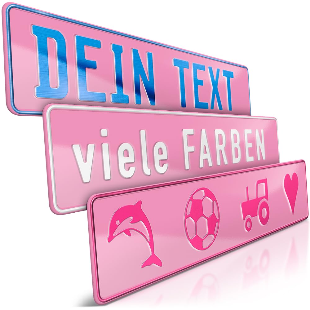 schildEVO 1 Fun-Schild geprägt | Rosa mit Wunschtext bis zu 16 Zeichen | Aluminium Namensschild | Individuelles Fun-Kennzeichen | Bohrlöcher & Saugnäpfe von schildEVO