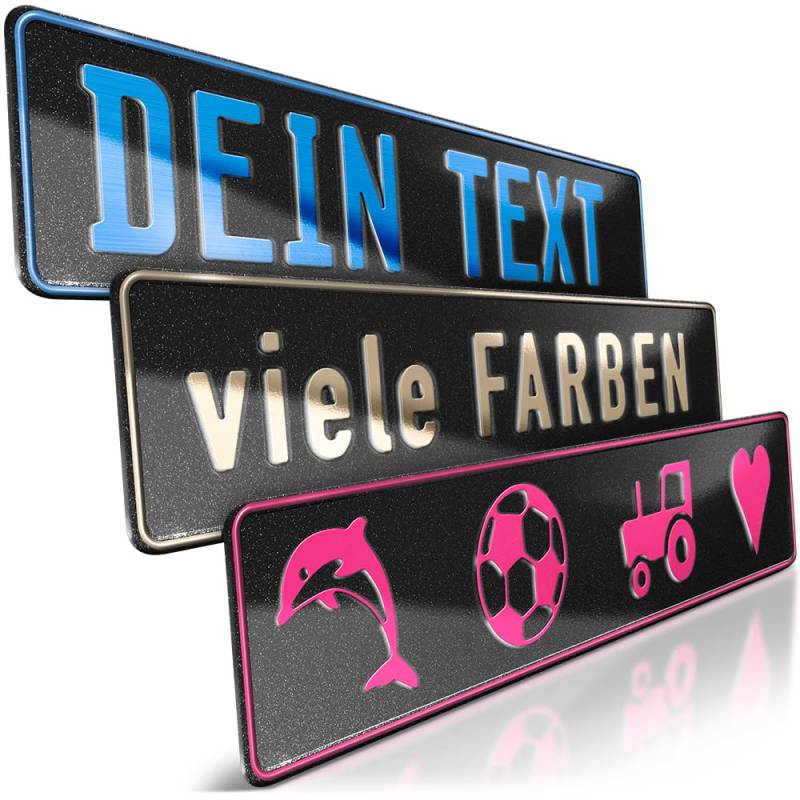 schildEVO 1 Fun-Schild geprägt | Schwarz Glitter mit Wunschtext bis zu 16 Zeichen | Aluminium Namensschild | Individuelles Fun-Kennzeichen | Bohrlöcher & Saugnäpfe von schildEVO