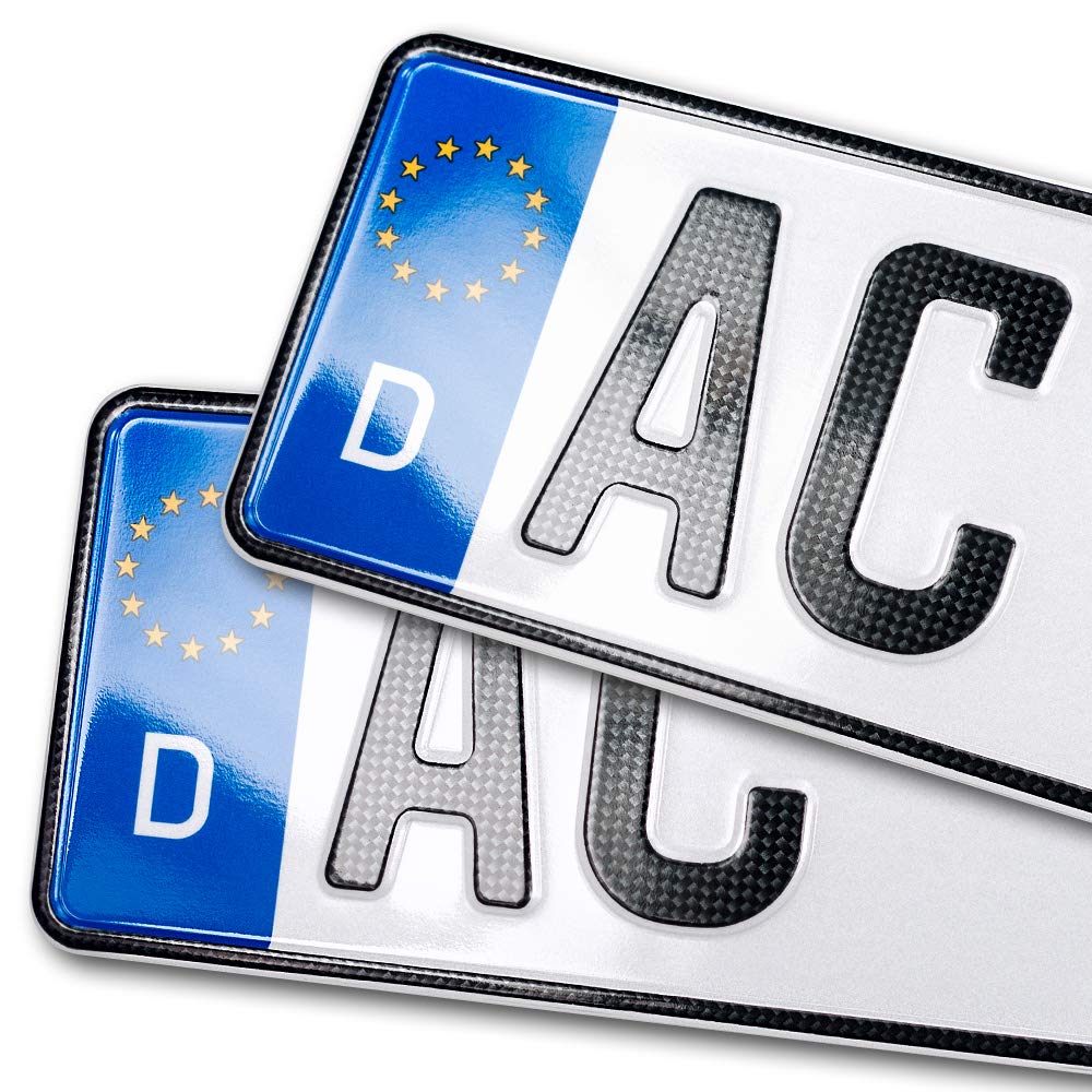 schildEVO 2 Carbon Kfz Kennzeichen | 470 x 110 mm | OFFIZIELL amtliche Nummernschilder | DIN-Zertifiziert – EU Wunschkennzeichen mit individueller Prägung | Autokennzeichen von schildEVO