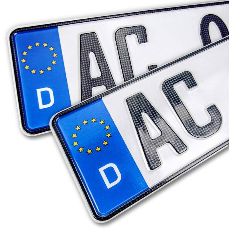 schildEVO 2 Carbon Kfz Kennzeichen | 480 x 110 mm | OFFIZIELL amtliche Nummernschilder | DIN-Zertifiziert – EU Wunschkennzeichen mit individueller Prägung | Autokennzeichen von schildEVO