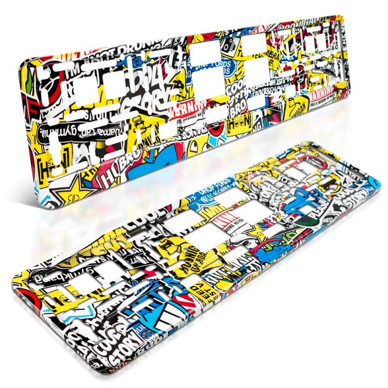 schildEVO 2 Kennzeichenhalter | STICKERBOMB | Hochglanz Lack-Look | Hydrografik | Comic Sticker bunt | Nummernschildhalter | Kennzeichen-Halterung | DHL-Versand von schildEVO
