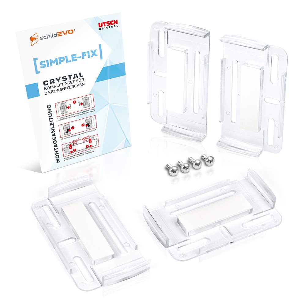 schildEVO Kennzeichenhalter rahmenlos | transparent – klar | Simple Fix CRYSTAL | Set für 2 Autokennzeichen | durchsichtige Nummernschildhalter von schildEVO