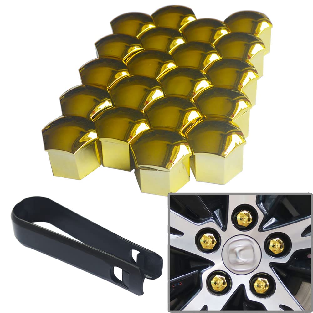 senvenelec 20 Pcs Wagen Universal 17mm Kunststoff Nut Abdeckkappe Schraube Auto Mutter Covers Bolt Radkappen, Radschrauben 17mm Radmuttern Kappen.mit 1 stück Abziehhaken (Gold). von senvenelec