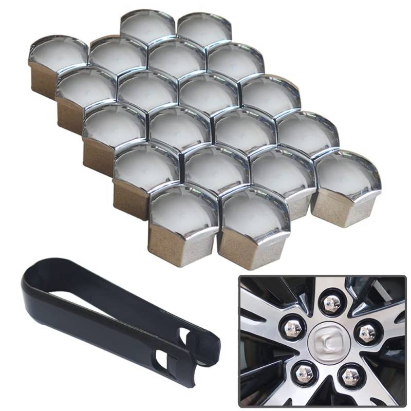 senvenelec 20 Pcs Wagen Universal 17mm Kunststoff Nut Abdeckkappe Schraube Auto Mutter Covers Bolt Radkappen, Radschrauben 17mm Radmuttern Kappen.mit 1 stück Abziehhaken (Silber galvanisieren). von senvenelec