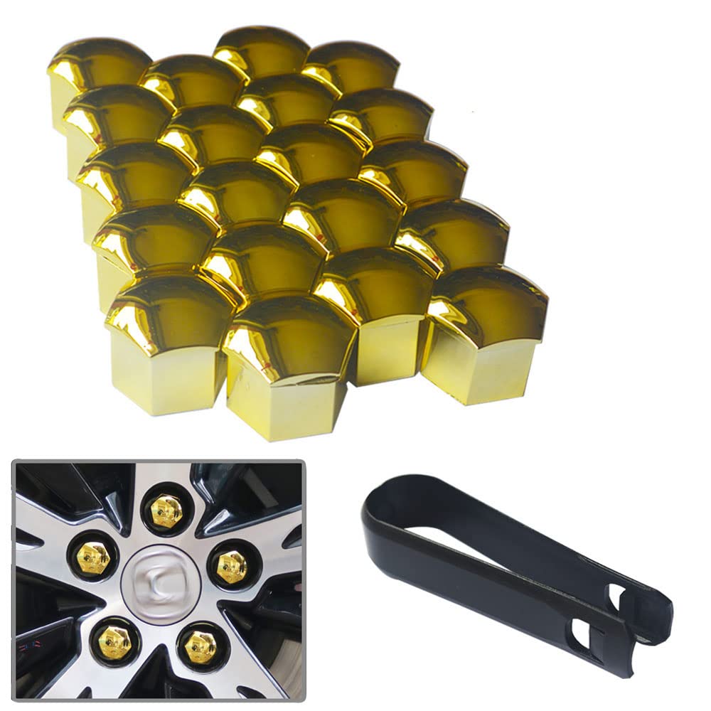 senvenelec 20 Pcs Wagen Universal 21- mm Kunststoff Nut Abdeckkappe Schraube Auto Mutter Covers Bolt Radkappen, Radschrauben 21- mm Radmuttern Kappen.mit 1 stück Abziehhaken - (Gold). von senvenelec