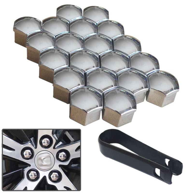 senvenelec 20 Pcs Wagen Universal 21- mm Kunststoff Nut Abdeckkappe Schraube Auto Mutter Covers Bolt Radkappen, Radschrauben 21- mm Radmuttern Kappen.mit 1 stück Abziehhaken (Silber galvanisieren). von senvenelec