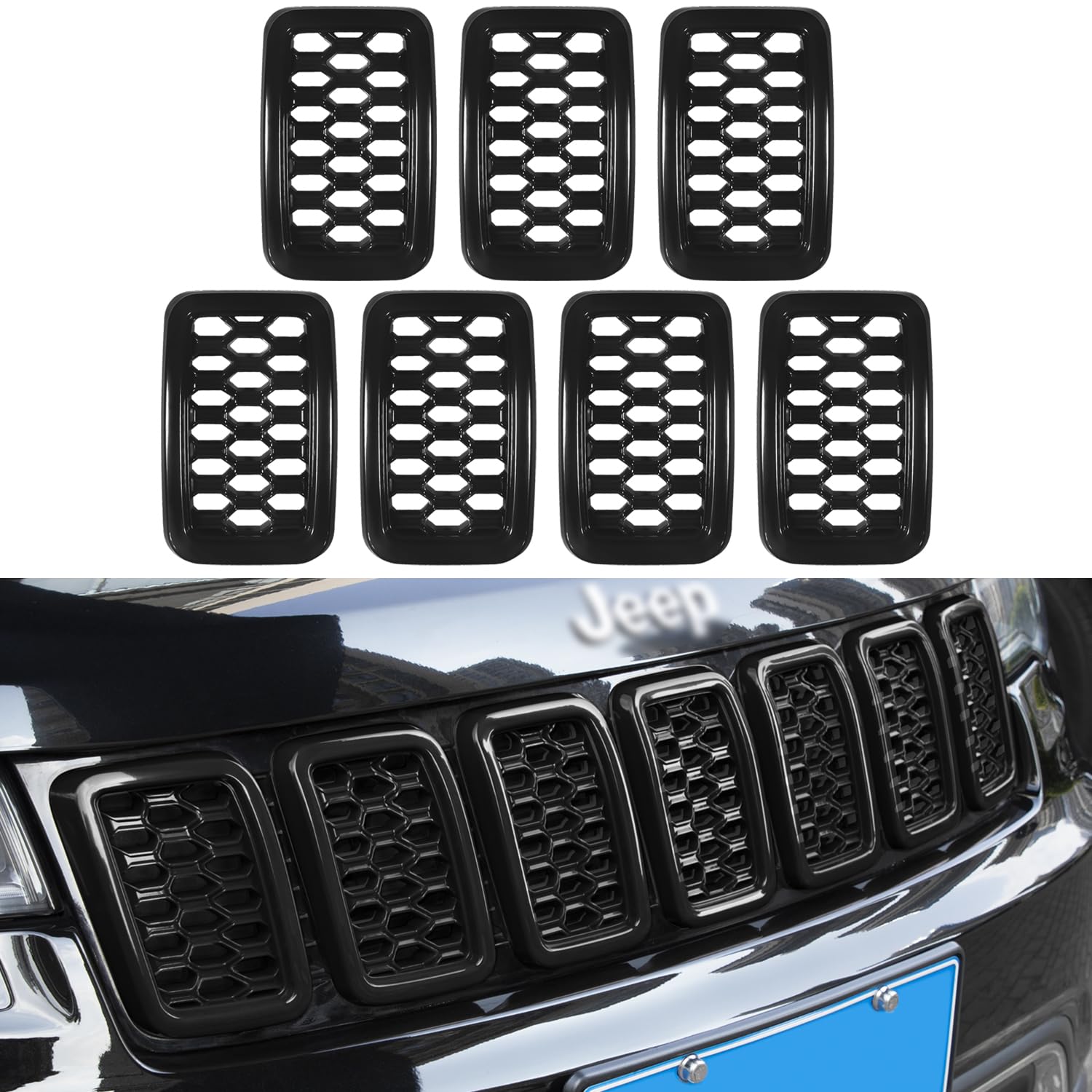 Schwarze Frontgrill-Einsätze, Ringabdeckungen, 7-teiliges Set für Jeep Grand Cherokee 2017, 2018, 2019, 2020, 2021, nicht passend für SRT, Trackhawk und Grand Cherokee L Schwarze Frontgrill-Einsätze, Ringabdeckungen, 7-teiliges Set für Jeep Grand Cherokee 2017, 2018, 2019, 2020, 2021, nicht passend für SRT, Trackhawk und Grand Cherokee L von sevencow