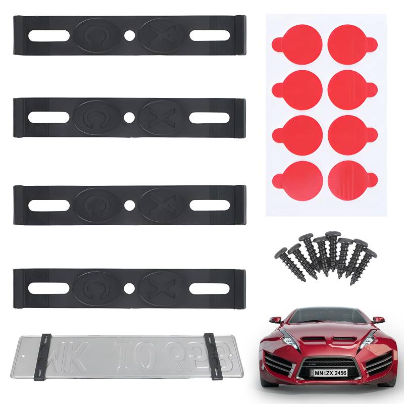 sitengjun 4 Stück Kennzeichenhalter,Unsichtbarer Rahmenlos Nummernschildhalter für Auto, Kennzeichenhalterung Set für Kennzeichen, Kennzeichentafeln,110 mm Kennzeichenrahmen,Schnalle für europäisches von sitengjun