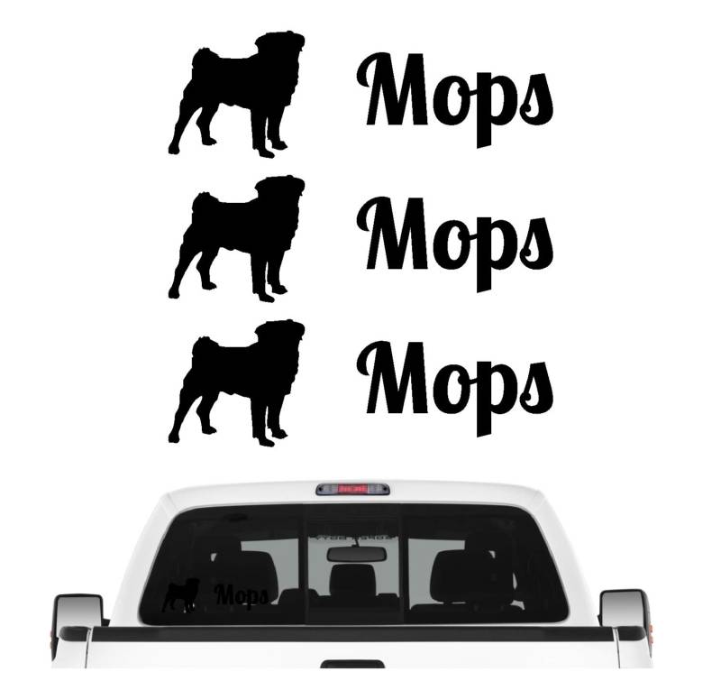 siviwonder Mops Pug Carlino Aufkleber 3er Set Hundeaufkleber Hundemotiv Hund Folie Farbe Schwarz, Größe 10cm von siviwonder