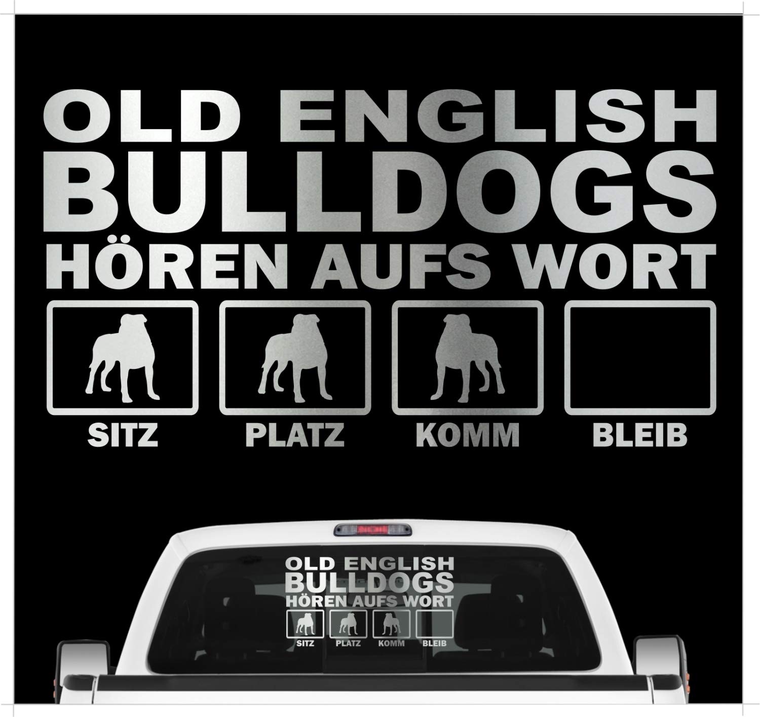 siviwonder Old English Bulldog OEB hört aufs Wort Hunde Auto Aufkleber Autoaufkleber Hund Folie Farbe Silber Metallic, Größe 20cm von siviwonder