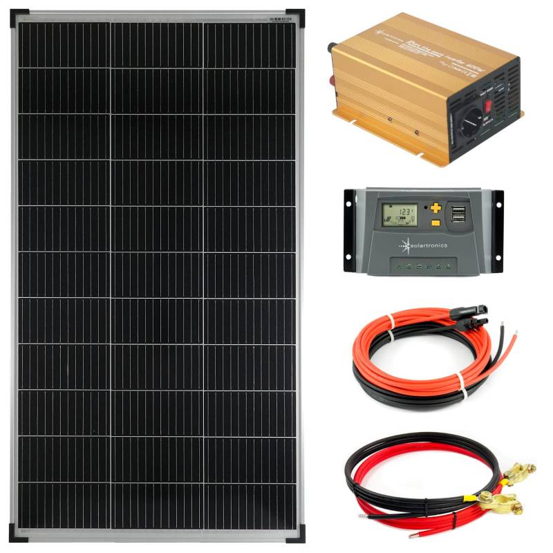 solartronics Komplettset 1x140 Watt Solarmodul 600 Watt NP600 reiner Sinus Gold Spannungswandler Laderegler gelb Kabel Photovoltaik Inselanlage von solartronics
