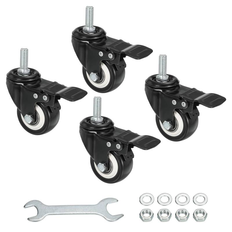 sourcing map Lenkrollen mit 5,1 cm (2 Zoll), Gewinde, 0,95 cm (3/8 Zoll), 16UNC-Gewinde, PU-Rollen mit Bremse, 50 kg Tragkraft, für Möbelwagen, schwarz, 4 Stück von sourcing map