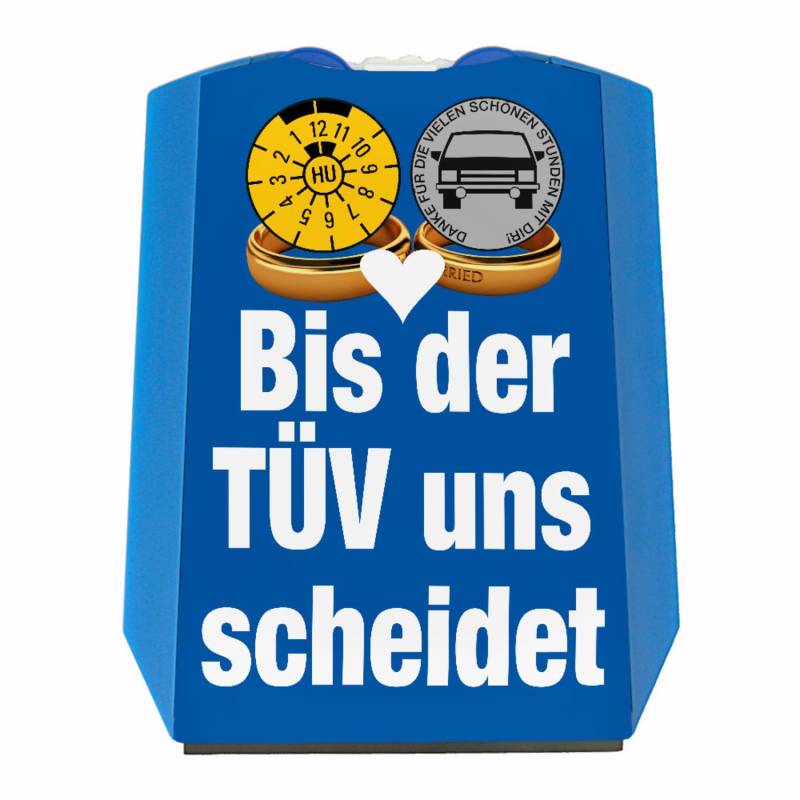 Bis der TÜV Uns scheidet Autoliebhaber Parkscheibe in blau Eiskratzer Wasserabstreifer und Einkaufswagen-Chips Oldtimer parken Autofahrer Parkplatz Liebe TÜV-Plakette von speecheese