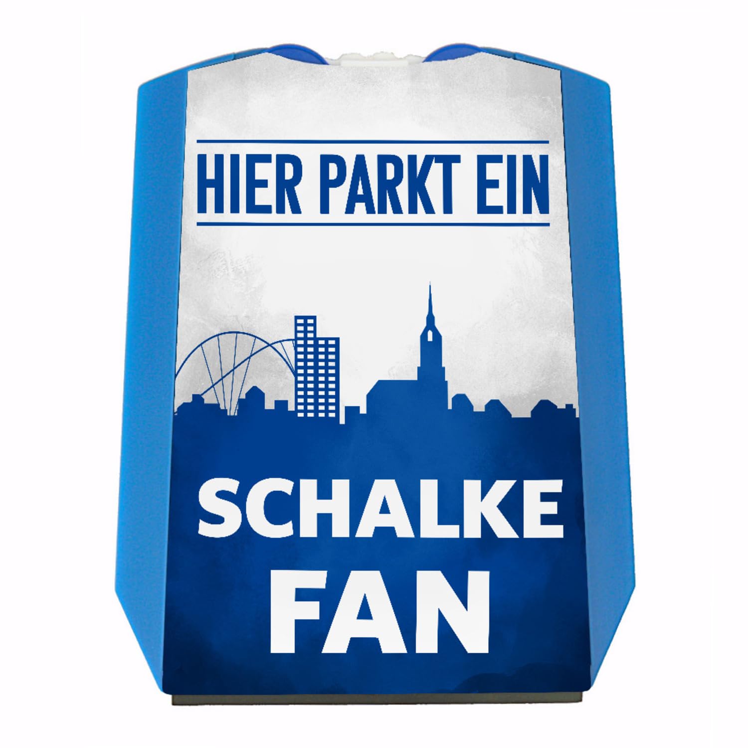 Hier parkt EIN Schalke Fan Parkscheibe in Vereinsfarben mit Zwei Einkaufswagenchips als Geschenk für Fußballfans die ihren Verein über Alles lieben und überall verfolgen von speecheese