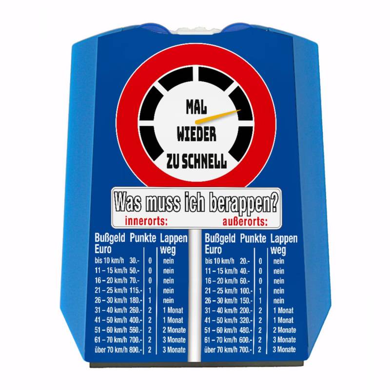 Zu schnell gefahren Bußgeld Parkscheibe in blau mit Straßenschild Motiv mit Eiskratzer Wasserabstreifer und Einkaufswagen-Chips für Fahranfänger mit Führerschein um den Überblick von speecheese
