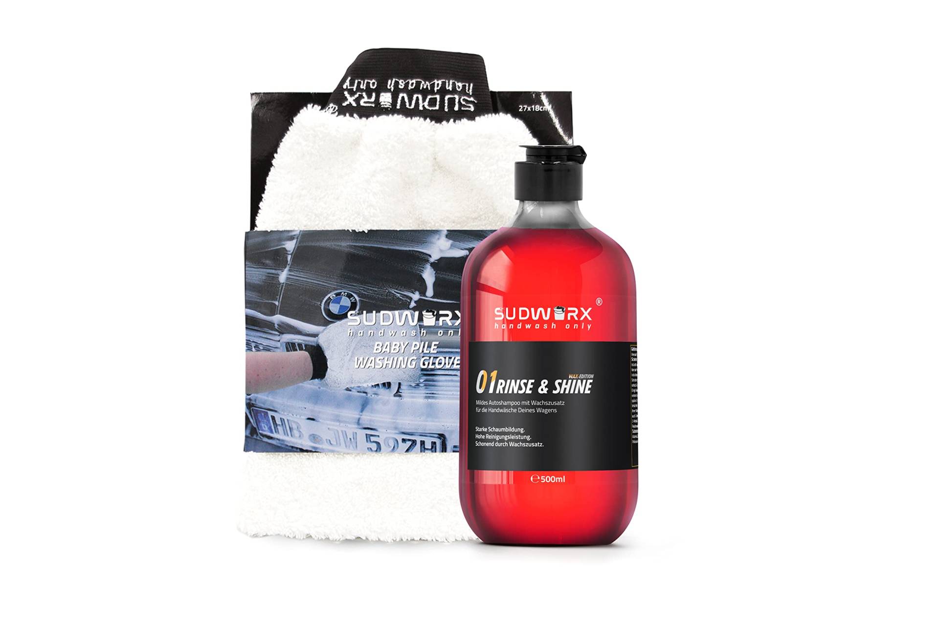 sudworx 01 RINSE & SHINE WAX EDITION Autoshampoo (Autoshampoo + Waschhandschuh Baby Pile) von sudworx