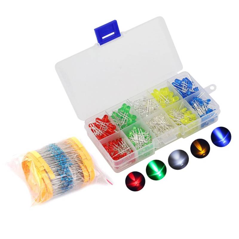 375pcs 3 mm 5 mm farbigen LED Leuchtdioden Leuchtmittel mit 600 Stück Metall Film Widerstände Sortiment Kit von szdealhola