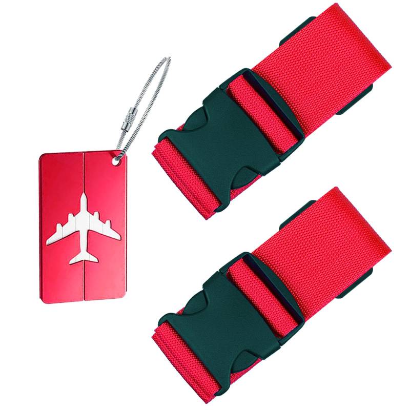 tallkeey 2 Stück Koffergurt Kofferanhänger Set, Gepäckband mit Gepäckanhänger Set, Kofferband Gurt Personalisierte Identifikation für Schnell erkennen Gepäck Reisetasche Koffer (Rot) von tallkeey