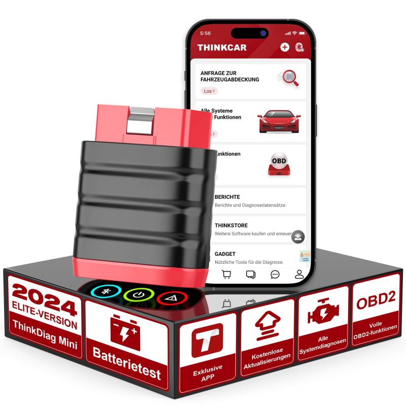 OBD2 Bluetooth Adapter für iOS & Android, ThinkDiag Mini OBD2 Diagnosegerät Mit Alle Systemdiagnosen, Diagnosegerät Auto für Fahrzeuge, Exklusive APP/Batterietest/VIN/Kostenlose Aktualisierungen von thinkcar