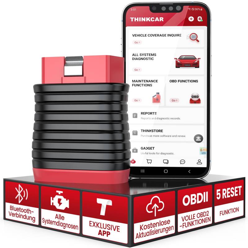 thinkcar OBD2 Bluetooth Adapter, BD6 OBD2 Diagnosegerät Mit Alle Systemdiagnosen + 5 Servicefunktionen(Bleed, Brake, Öllampen, IMMO, ETS), Diagnosegerät Auto Für iOS & Android Exklusive APP von thinkcar