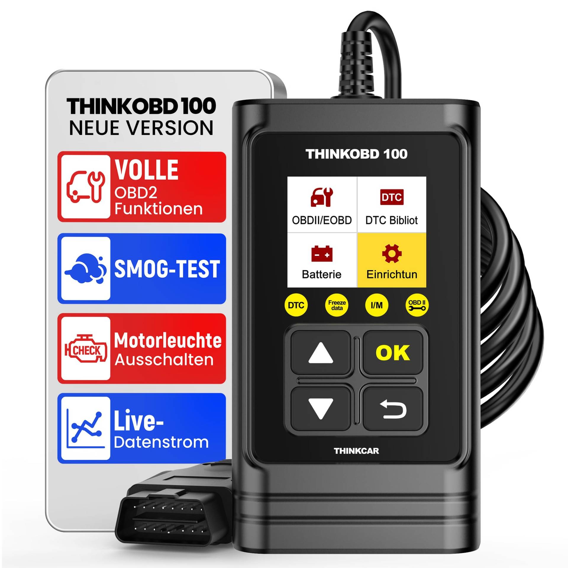 OBD2 Diagnosegerät, Thinkcar THINKOBD 100 Diagnosegerät Auto, Verbesserter Universal USB OBD-ii Diagnosewerkzeuge mit Full OBDII Funktionen, KFZ Auslesegerät für OBDII/EOBD Protokoll, Kabelgebunden von thinkcar