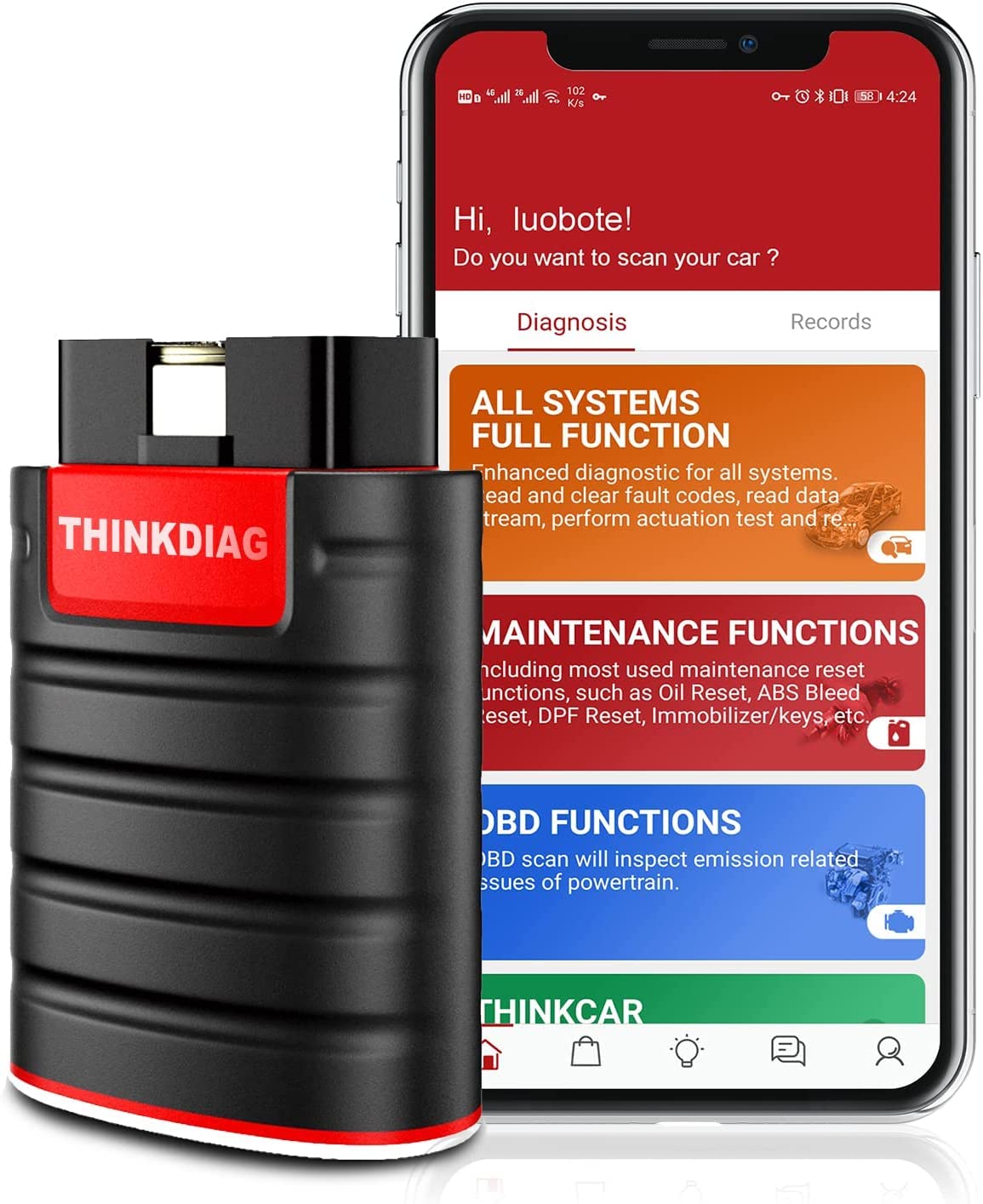 thinkcar Thinkdiag Obd2 Diagnosegerät,Automotive Fehlercode Auslesegerät für Vollständige Systeme,Obd2 Bluetooth Adapter mit 16 Rückstelldiensten, Aktivtest, ECU-Codierung, IOS und Android App. von thinkcar