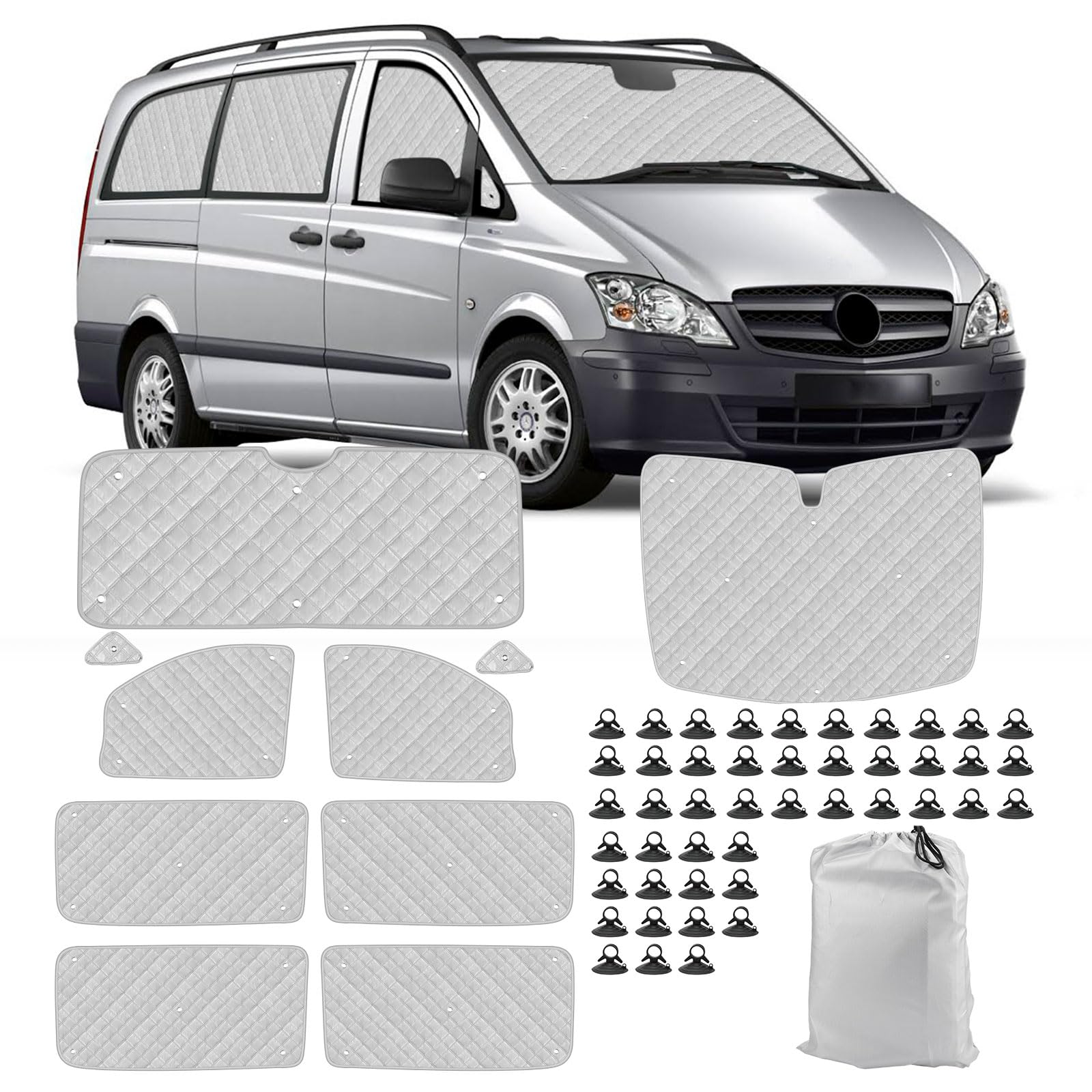 tivekeo Technology Thermomatte Ersatz für Mercedes-Benz VITO II W639 / Viano 2003–2014 (LWB), Fahrerhaus 10-teilig, Aluminiumfolie Faltbar Sonnenblende, Sonnenschutz Frontscheibe Abdeckung von tivekeo