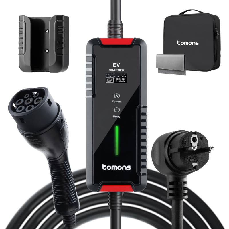 tomons Typ 2 Ladekabel Schuko 3,68 kW, Einphasig, 6-16A, 10M, EV Charger mit Steuerbarer Digitalanzeige und Verzögerungsfunktion von tomons