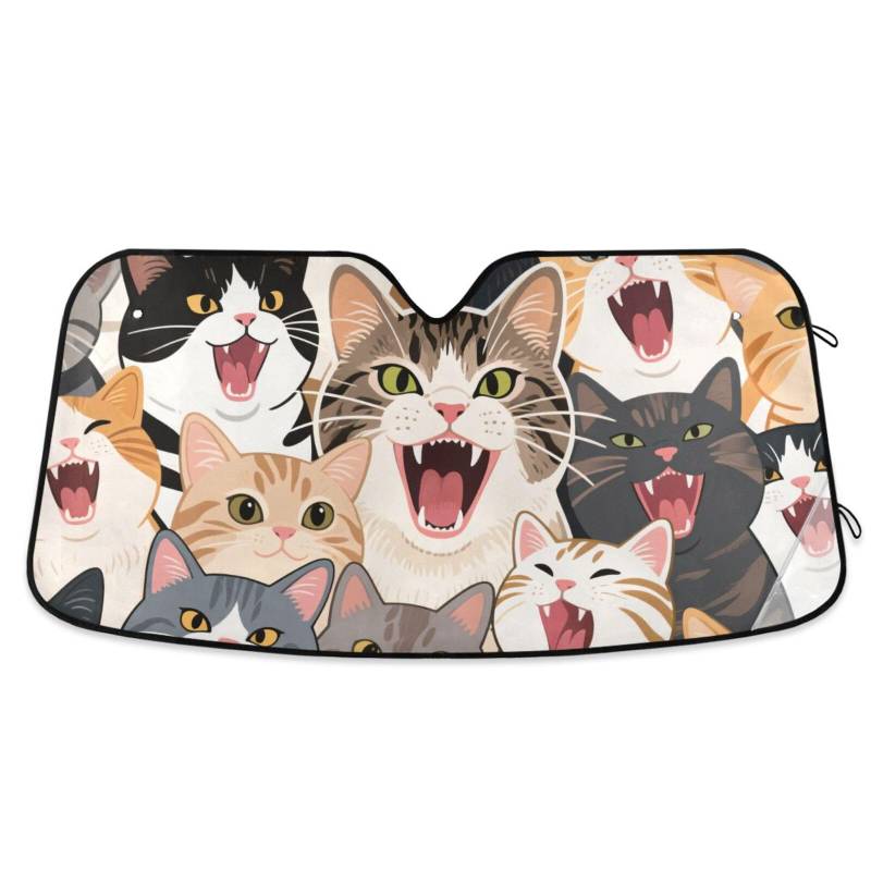 Bunte Cartoon-Tier-Katzen-Sonnenschutz für Windschutzscheibe, faltbar, reflektierend, Auto-Sonnenschirm, Parabrisas Delantero, Größe 70,1 x 139,7 cm von tplaotee