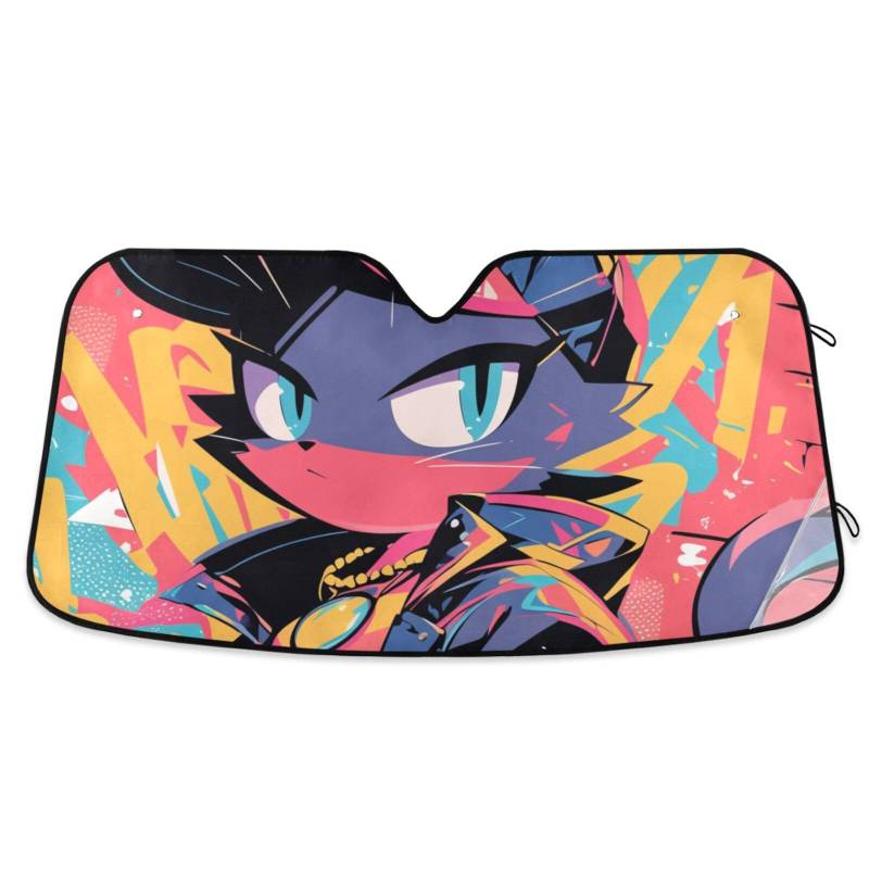 Cartoon-Katzen-Graffiti-Stil, buntes Hip-Pop-Visier für Auto-Windschutzscheibe, faltbar, reflektierend, Sonnenschutz, Windschutzscheibenschutz, Solar-Para-Carros, Größe 70,1 x 139,7 cm von tplaotee