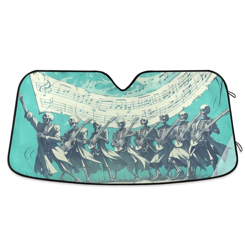 Mysterious Unique Skelett Band Notenblatt Notenblatt Blaugrün Auto Sonnenschutz für Windschutzscheibe Faltbar UV-Schutz Damen Para Sol de Auto Größe 70,1 x 139,7 cm von tplaotee