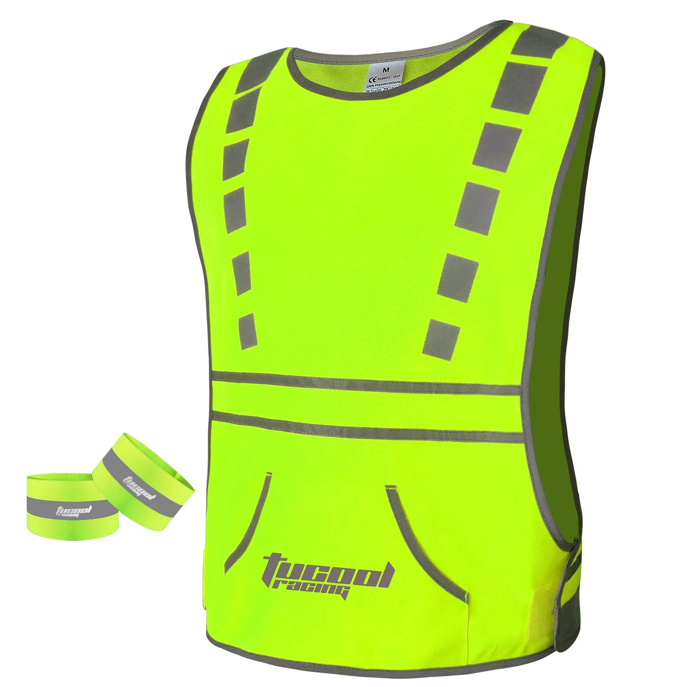 Tucoolracing Reflective Vest for Running and Cycling Motorcycling Jogging Dog Walk Vest with Pocket and 2 High Visibility Running Safety Bands (Green, M) von tucool racing