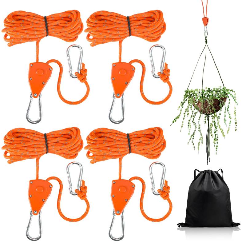 ueslwser 4 Stück 4mm Abspannseile mit Seilspanner, 4M Reflektierende Abspannseile, Einstellbare Seilratsche mit Haken, Zeltschnur Leuchtend Camping Schnur für Sonnensegel Wäscheleine von ueslwser