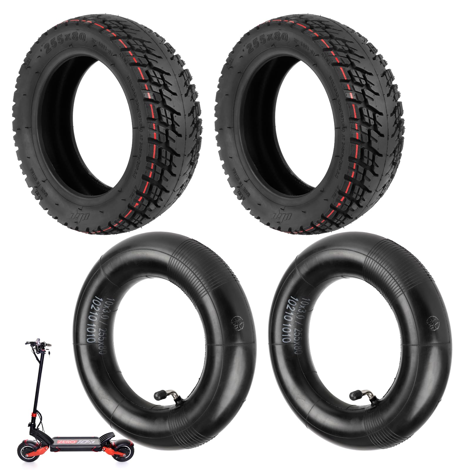 ulip 2 PCS 255x80 Offroad Reifen+2 PCS 10x3 Schlauch für Nanrobot Joyor Varla Eagle Apollo Ghost zero 10x kaabo WOLF WARRIOR MANTIS Scooter,80/65-6 Reifen von ulip